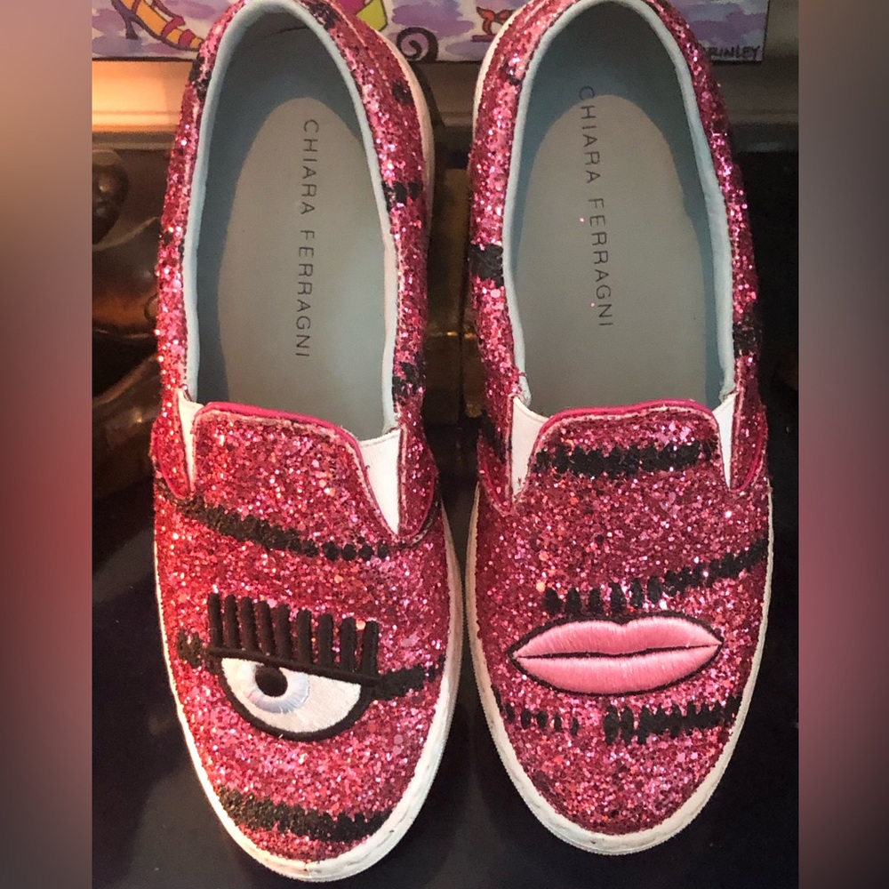 Chiara Ferragni Pink Glitter Eye Slip-Ons with Lash Detail